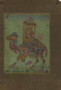 QUEEN WITH PEACOCK DECORATED HARP RIDES PAINTED CAMEL